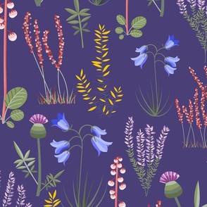 Midi - Modern Stylised Scottish Wildflowers - Thistle, Heather & Gorse - Amethyst Purple