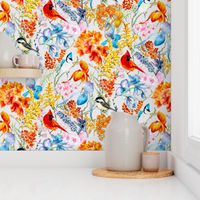 Colorful Watercolor Cardinals Blue jays & Chickadees - Maximalist Large Scale Birds & Garden Flowers - Orchids, Apple Blossoms, Berries, Goldenrod