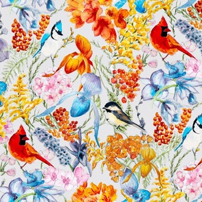 Colorful Watercolor Cardinals Blue jays & Chickadees - Maximalist Large Scale Birds & Garden Flowers - Orchids, Apple Blossoms, Berries, Goldenrod
