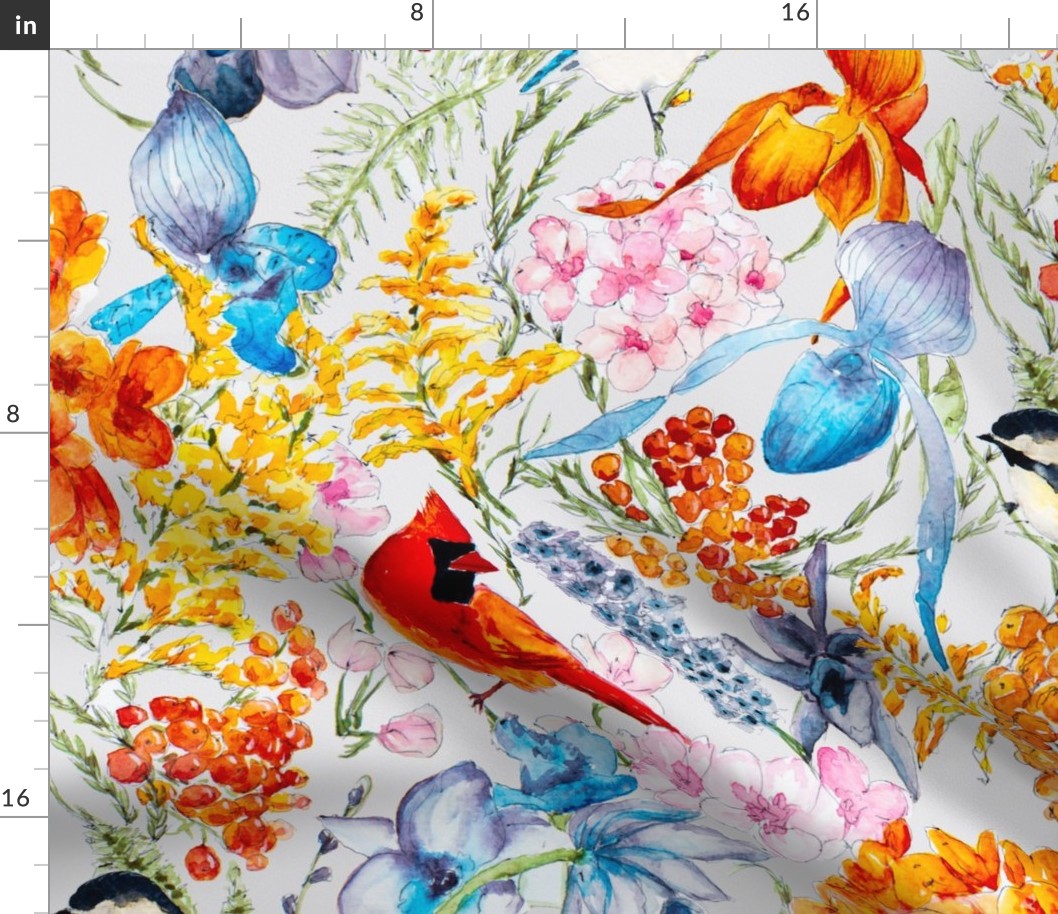 Colorful Watercolor Cardinals Blue jays & Chickadees - Maximalist Large Scale Birds & Garden Flowers - Orchids, Apple Blossoms, Berries, Goldenrod