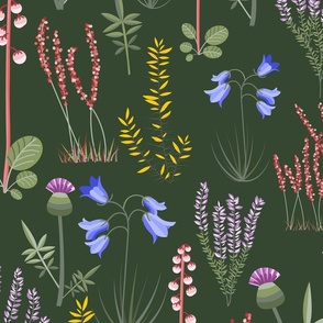 Midi - Modern Stylised Scottish Wildflowers - Thistle, Heather & Gorse - Kelly Green