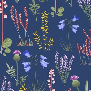 Midi - Modern Stylised Scottish Wildflowers - Thistle, Heather & Gorse - Navy Blue