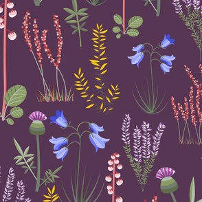 Midi - Modern Stylised Scottish Wildflowers - Thistle, Heather & Gorse - Aubergine Purple