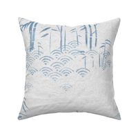 Bamboo Paper, Indigo Wash (xxl scale) | Bamboo plants with block printed waves pattern in indigo blue on a rice paper texture in gray, calm, tranquil nature wallpaper in blue and gray, rustic neutrals for Zen garden, yoga and meditation.