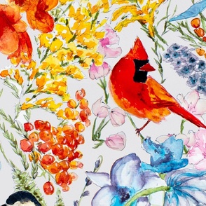 JUMBO Colorful Watercolor Cardinals Blue jays & Chickadees - Maximalist Large Scale Birds & Garden Flowers - Orchids, Apple Blossoms, Berries, Goldenrod