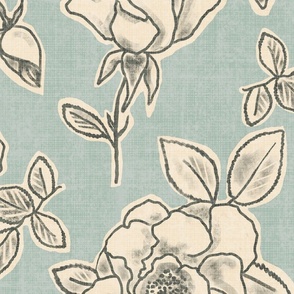 Rose Sketches in Olive on Cream and duck egg blue