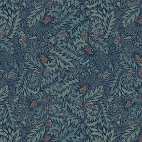  William Morris Tribute  -  Holiday Larkspur leaves foliage - Navy Teal 12"