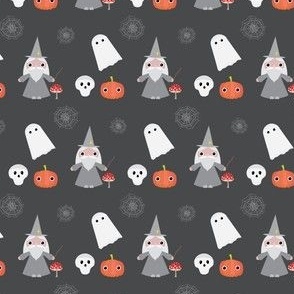 Mini - Cute Geometric Halloween Wizard, Ghost, Skull, Pumpkin, Mushroom & Cobwebs - Charcoal Gray