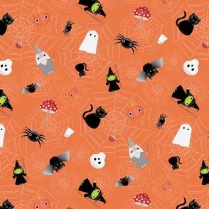 Mini - Spooky Tossed Halloween Cute Characters & Cobwebs - Burnt Orange