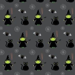 Mini - Cute Geometric Halloween Witch, Black Cat, Spider, Bat & Cobwebs - Charcoal Gray & Black