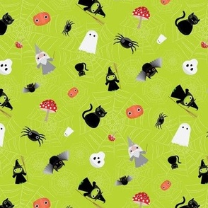 Mini - Spooky Tossed Halloween Cute Characters & Cobwebs - Lime Green