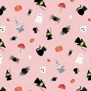 Mini - Spooky Tossed Halloween Cute Characters & Cobwebs - Rose Blush Pink
