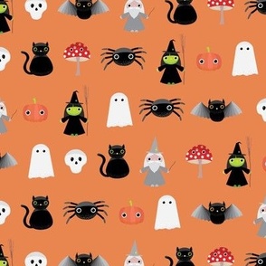 Mini - Spooky Geometric Halloween Cute Characters & Cobwebs - Burnt Orange