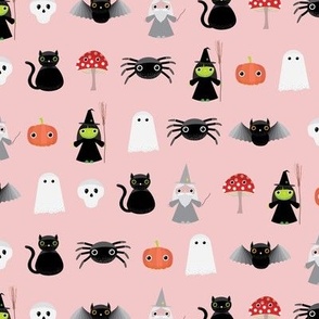 Mini - Spooky Geometric Halloween Cute Characters & Cobwebs - Rose Blush Pink