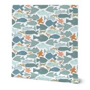 Kids Spa Bath Wallpaper Fish in Blue with Bubbles and Coral Large Scale
