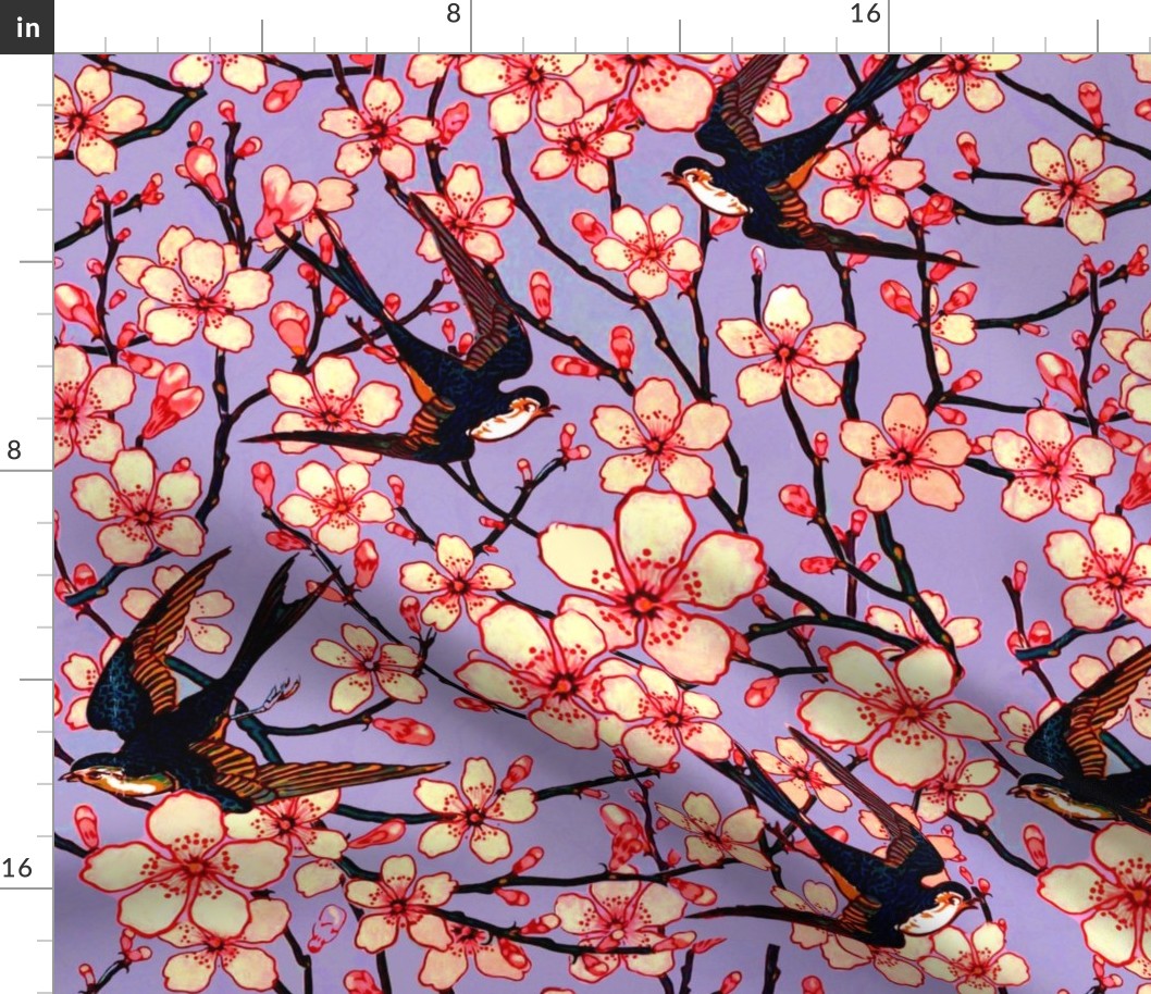 Swallows and blossoms lavender peach bright, larger scale