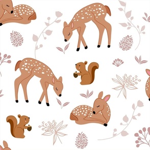 Little Woodland Animals on White Background Half Drop