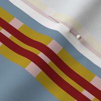 Bold Vertical Stripe with Sleek, Elegant, Gingham-Like lines in pink, blue, maroon on mustard