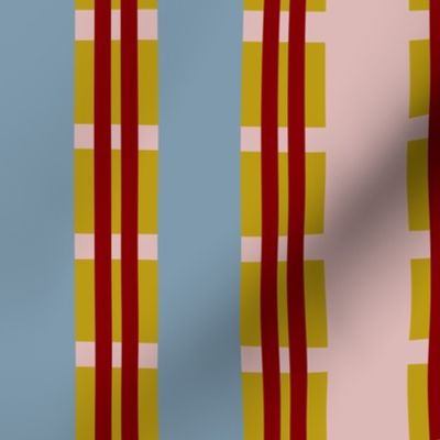 Bold Vertical Stripe with Sleek, Elegant, Gingham-Like lines in pink, blue, maroon on mustard