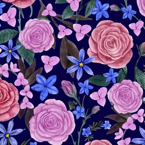 Floral with Pink Roses, Blue-Eyed Grass, Lithodora and Purple Secretia, Navy Blue  Background, Large Scale
