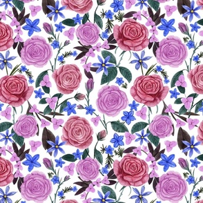 Floral with Pink Roses, Blue-Eyed Grass, Lithodora and Purple Secretia, White Background, Small Scale