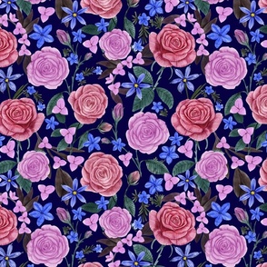 Floral with Pink Roses, Blue-Eyed Grass, Lithodora and Purple Secretia, Navy Blue  Background, Small Scale