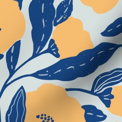 70's Oversized spring florals,  denim indigo blue, egg yalk yellow bluish grey background 