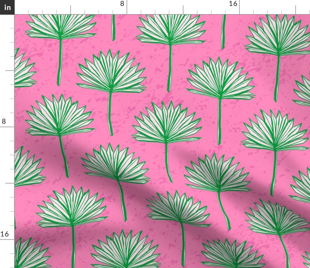 (M) Bright Green Fan Palm on Pink, Preppy wallpaper, beach house coastal, Medium scale 