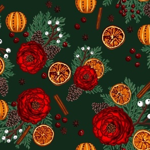 Winter Floral citrus and spice dark green smaller format