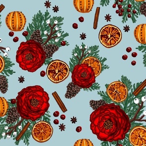 Winter Floral Citrus and Spice  light blue smaller format