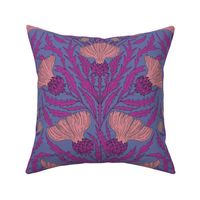 LARGE thistle - dandelion  |  pink on moody purple   | flowering weed 