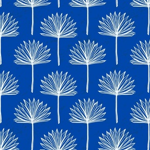 (M) Fan palm in white on cobalt blue, beach house wallpaper, Medium scale 