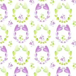 Purple and Green Hearts, Wreathes from Hearts on White bg