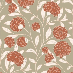 textured block print inspired trailing florals terracotta, cream, sage-olive green, retro rustic