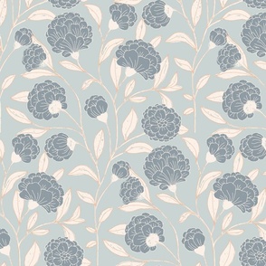 Hand drawn delicate trailing Chrysanths, cozy retro, on light blue gray background