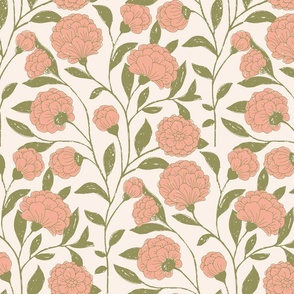Peach Fuzz - Pantone Color of the Year 2024 trailing blooms with worn out textured olive green leaves