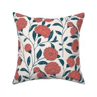 Blue and red blockprint inspired wornout textured vines and florals on soft cream-Large