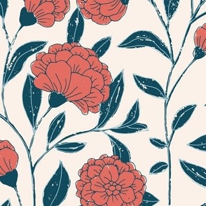 Blue and red blockprint inspired wornout textured vines and florals on soft cream-Large