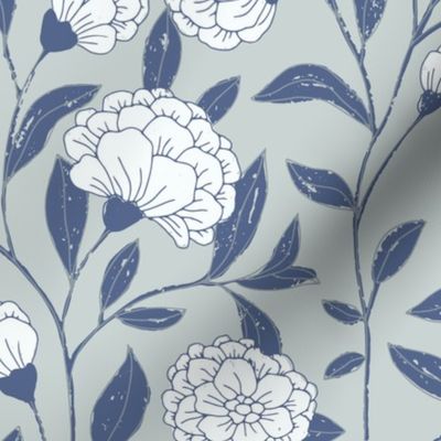 Good luck white Peonies, hand drawn delicate Trailing blooms on blue and gray background