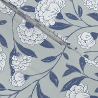 Good luck white Peonies, hand drawn delicate Trailing blooms on blue and gray background