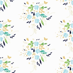 Blue Bouquets and Mustard Butterflies on Off White 17.96in x 8.98in