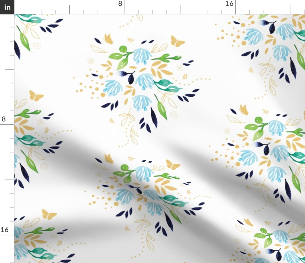 Blue Bouquets and Mustard Butterflies on Off White 17.96in x 8.98in