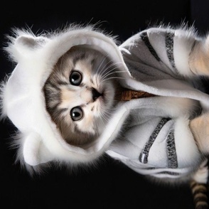 Cute Kitten in furry white tiger suit on black background