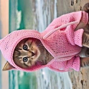 Cute Kitten in pink hoodie on the beach