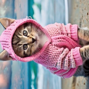 Cute kitten in pink hoodie on the beach 5