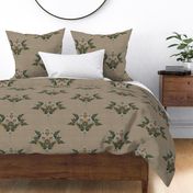 Retro vintage botanical damask, linen dark beige