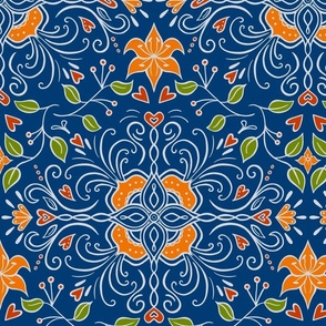 Lily and Hearts - blue and orange