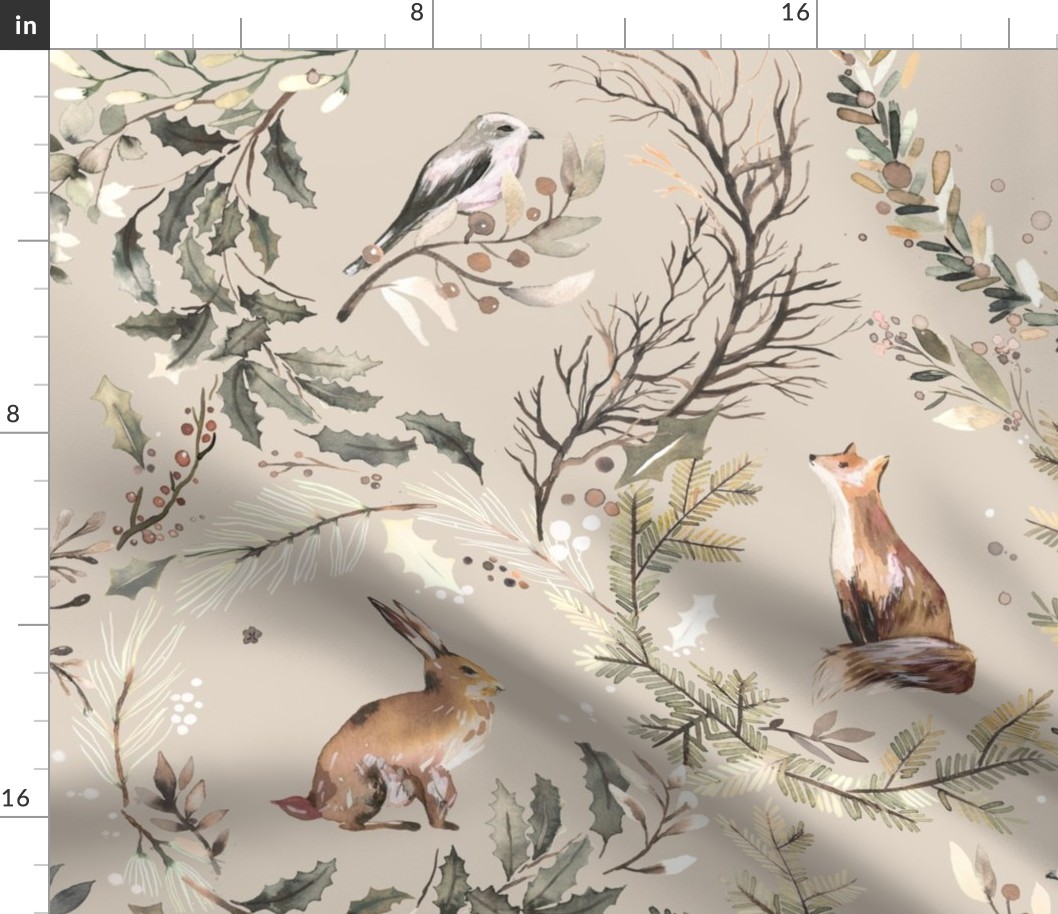 Forest Woodland Toile - Forest cabin botanical watercolor - Warm Neutral - Beige Linen - Jumbo Large