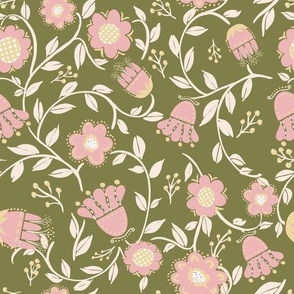 Olive Khaki Green Pink Apricot Cream Folksy Florals Vintage Retro Boho