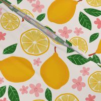 Citrus Yellow Lemons Galore Pink Flowers Green Leaves